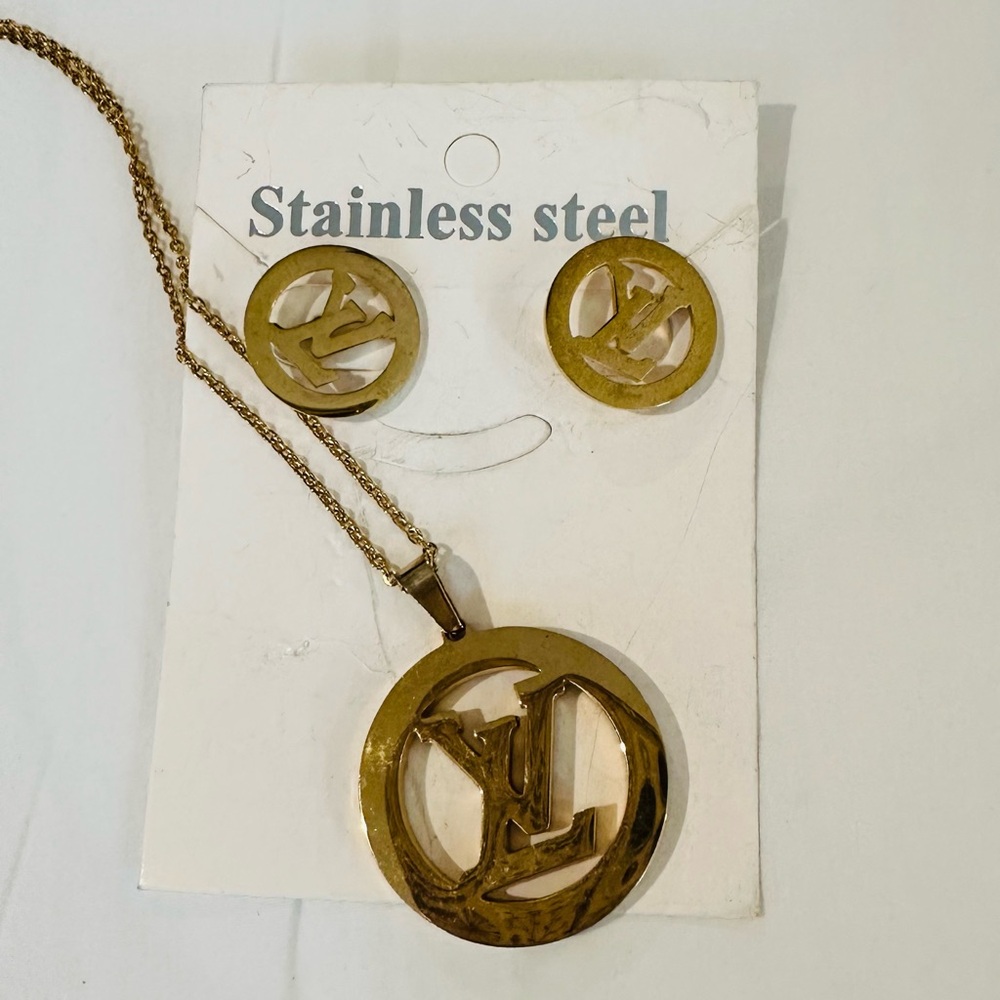 Louis Vuitton Gold plated Stainless Steel Necklace and Earring Set